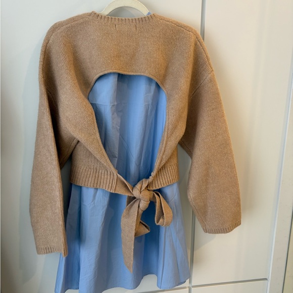 English Factory Tan Sweater with Blue Dress - Picture 6 of 10